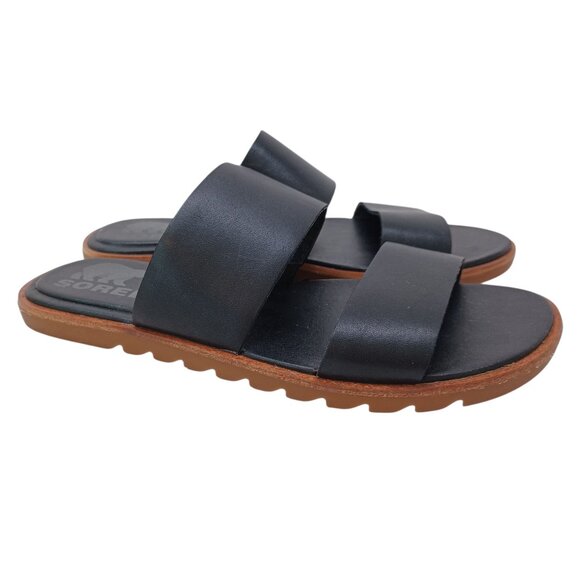 Sorel Sandals Black Leather Two Strap Slip On Slides Womens US 5 - Picture 1 of 13